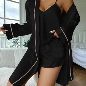 Women's Loungewear Sleepwear V Neck Slip Dress Long Sleeve Night Robe House Robe With Belt Solid Satin Pajama Set