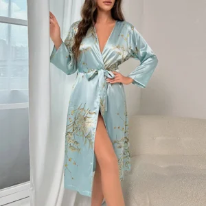 Women's Silk Robes Bride Bridesmaid Kimono Satin Bathrobe V Neck Sleepwear Satin Robe Valentines Lingerie Ruffle Belted for Women