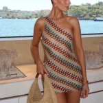 Summer Holiday Beach Robes Women Chic Backless Slanted Shoulder Slim Fit Dresses  Irregular Printed Knitted Mini Dress