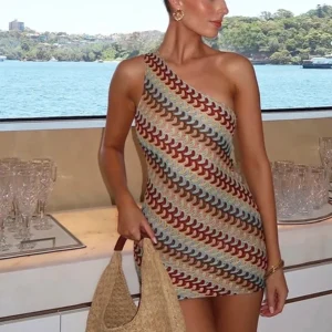 Summer Holiday Beach Robes Women Chic Backless Slanted Shoulder Slim Fit Dresses  Irregular Printed Knitted Mini Dress