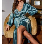 Women’s Silk Robes Bride Bridesmaid Kimono Satin Bathrobe V Neck Sleepwear Satin Robe Valentines Lingerie Ruffle Belted for Women