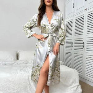 Women's Silk Robes Bride Bridesmaid Kimono Satin Bathrobe V Neck Sleepwear Satin Robe Valentines Lingerie Ruffle Belted for Women