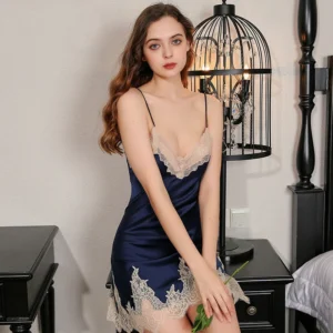 Summer & Spring Satin Silk Clothing Sexy Lingerie Lace Robe Dress Nightdress Nightgown Sleepwear for Ladies