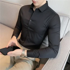Plus Size 4XL-M High Elasticity Seamless Shirts Men Long Sleeve Slim Casual Luxury Shirt Social Formal Dress Shirts