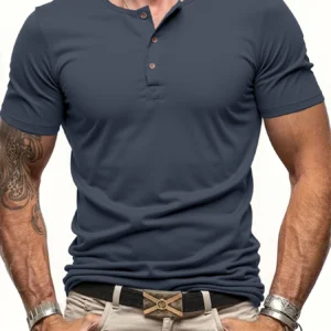 Men's Short Sleeve Henley Neck T-shirt Solid Color Male Tops Slim Fit Button Neck Casual Cozy Tshirt  Streetwear