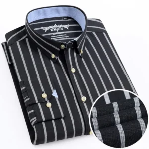 Men's Long Sleeve Oxford Plaid Striped Work Casual Shirt with Pocket, Spring Autumn  Cotton Blend Regular-fit Button-down Shirts