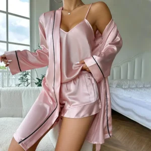 Women's Ice Silk Sleepwear Three-Piece Set Comfortable Summer Outfit Home Clothes Strap Shorts Robe Outerwear Compatible