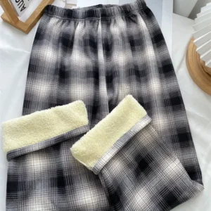 Fashion Warm Plush Pants Cashmere Thick Plaid Ladies Winter Casual Loose Wide-legged Pants Korean Streetwear Students