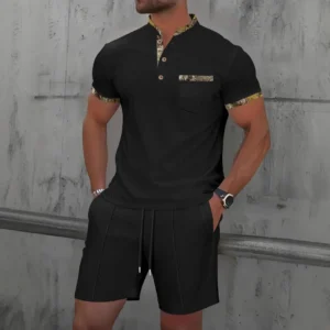 Men Europe and the United States new summer Waffle solid color zip-up lapel short-sleeve suit shorts two sets