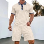 Men Europe and the United States new summer Waffle solid color zip-up lapel short-sleeve suit shorts two sets