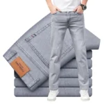 Summer Elastic Men’s Jeans Fashion Gray Comfortable Business Straight Stretch Cotton Casual Denim Pants Brand Male Thin Trousers