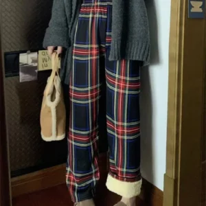Fashion Warm Plush Pants Cashmere Thick Plaid Ladies Winter Casual Loose Wide-legged Pants Korean Streetwear Students