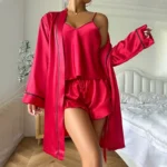 Women’s Ice Silk Sleepwear Three-Piece Set Comfortable Summer Outfit Home Clothes Strap Shorts Robe Outerwear Compatible