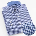 Men’s Long Sleeve Oxford Plaid Striped Work Casual Shirt with Pocket, Spring Autumn  Cotton Blend Regular-fit Button-down Shirts