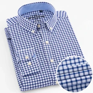 Men's Long Sleeve Oxford Plaid Striped Work Casual Shirt with Pocket, Spring Autumn  Cotton Blend Regular-fit Button-down Shirts