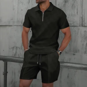 Men Europe and the United States new summer Waffle solid color zip-up lapel short-sleeve suit shorts two sets