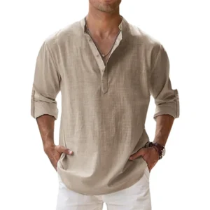 Cotton Linen Shirts for Men Casual Shirts Lightweight Long Sleeve Henley Beach Shirts Hawaiian T Shirts for Men