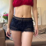 Kawaii Women Ruffles Comfy Pajama Shorts See-Through Lace Lounge Pants Stretch Sleep Pj Bottoms Preppy Y2K Sleepwear