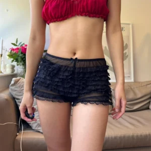 Kawaii Women Ruffles Comfy Pajama Shorts See-Through Lace Lounge Pants Stretch Sleep Pj Bottoms Preppy Y2K Sleepwear