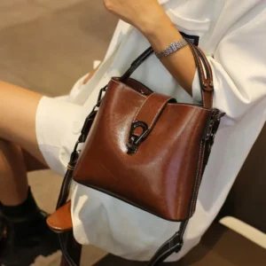 Real Oil Wax Leather Women's Bucket Bag Casual and Simple Handbag Large Capacity Ladies Cowhide Fashionable Crossbody Tote Bag