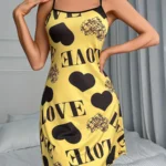 Love Heart Print Satin Sleepwear Dress for Women Sexy Spaghetti Strap Nightgown Soft Summer Loungewear Pajama Dress