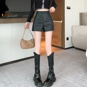 Black Sexy Thicken Pu Shorts Women Clothing High Waisted Winter Faux Leather Hot Short Pants For Boots