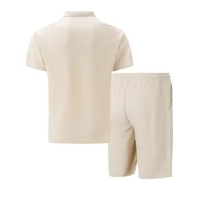 Men Europe and the United States new summer Waffle solid color zip-up lapel short-sleeve suit shorts two sets