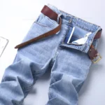 Spring Men’s Light Blue Slim Jeans Stylish Casual Stretch Fabric Denim Pants Classic Trousers Smoke Gray