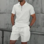 Men Europe and the United States new summer Waffle solid color zip-up lapel short-sleeve suit shorts two sets