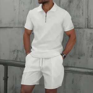 Men Europe and the United States new summer Waffle solid color zip-up lapel short-sleeve suit shorts two sets