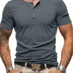 Men’s Short Sleeve Henley Neck T-shirt Solid Color Male Tops Slim Fit Button Neck Casual Cozy Tshirt  Streetwear