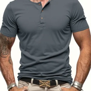 Men's Short Sleeve Henley Neck T-shirt Solid Color Male Tops Slim Fit Button Neck Casual Cozy Tshirt  Streetwear