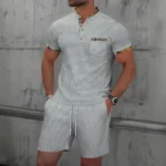 Men Europe and the United States new summer Waffle solid color zip-up lapel short-sleeve suit shorts two sets