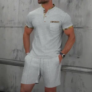 Men Europe and the United States new summer Waffle solid color zip-up lapel short-sleeve suit shorts two sets