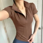 Summer High Quality Waist Slimming Training Tops Women’s Quick-drying Tight Stand Collar Full Zipper Short Sleeves Yoga shirts