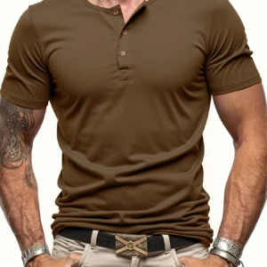 Men's Short Sleeve Henley Neck T-shirt Solid Color Male Tops Slim Fit Button Neck Casual Cozy Tshirt  Streetwear