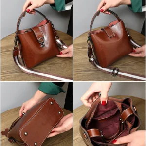 Real Oil Wax Leather Women's Bucket Bag Casual and Simple Handbag Large Capacity Ladies Cowhide Fashionable Crossbody Tote Bag
