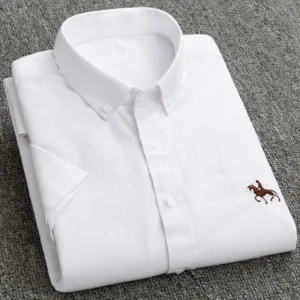 100% Pure Cotton Oxford Shirt For Men’s Short Sleeve Solid Stripe Leisure Embroidered Horse Social Business Formal Dress Shirts