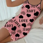 Love Heart Print Satin Sleepwear Dress for Women Sexy Spaghetti Strap Nightgown Soft Summer Loungewear Pajama Dress