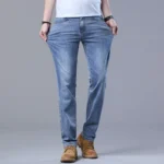 Spring Men’s Light Blue Slim Jeans Stylish Casual Stretch Fabric Denim Pants Classic Trousers Smoke Gray