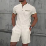 Men Europe and the United States new summer Waffle solid color zip-up lapel short-sleeve suit shorts two sets