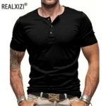Men’s Short Sleeve Henley Neck T-shirt Solid Color Male Tops Slim Fit Button Neck Casual Cozy Tshirt  Streetwear