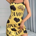 Love Heart Print Satin Sleepwear Dress for Women Sexy Spaghetti Strap Nightgown Soft Summer Loungewear Pajama Dress
