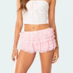 Women Mesh Lace Bloomer Shorts Y2k Layered Ruffle Frilly Booty Shorts Fairy Bowknot Sexy Boy Shorts Panties Party Clubwear