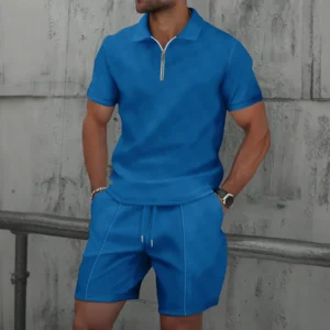 Men Europe and the United States new summer Waffle solid color zip-up lapel short-sleeve suit shorts two sets