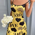Love Heart Print Satin Sleepwear Dress for Women Sexy Spaghetti Strap Nightgown Soft Summer Loungewear Pajama Dress