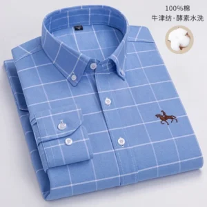 100% Pure Cotton Men Long Sleeve Dress Shirt for Oxford Shirt Men Plaid Striped Work Casual Social Shirts Male Regular-Fit S-6XL