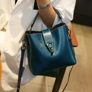 Real Oil Wax Leather Women's Bucket Bag Casual and Simple Handbag Large Capacity Ladies Cowhide Fashionable Crossbody Tote Bag