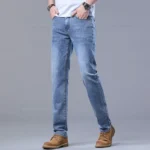 Spring Men’s Light Blue Slim Jeans Stylish Casual Stretch Fabric Denim Pants Classic Trousers Smoke Gray