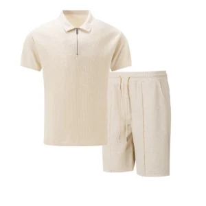 Men Europe and the United States new summer Waffle solid color zip-up lapel short-sleeve suit shorts two sets